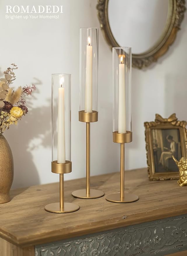 Romadedi Glass Hurricane Candle Holders for Candlestick, Gold, Set of 3