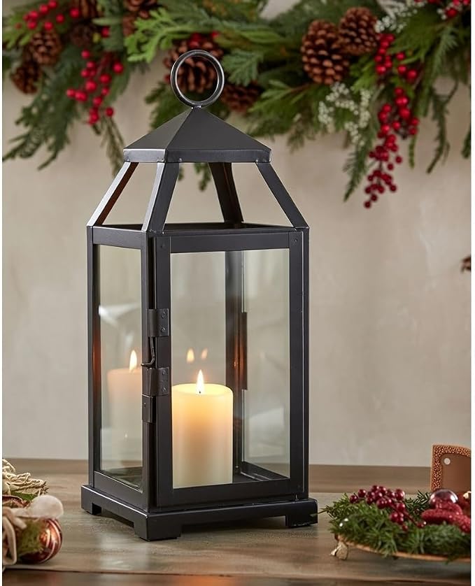 Hosley 14 Inch High Large Clear Glass Iron Classic Style Lantern Elegant Candle Holder for Home Decor Vintage-Inspired Centerpiece with Stylish Iron Frame Indoor/Outdoor Lighting Accent Timeless