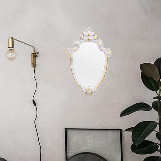 Eaoundm 16.5 x 11 inch Vintage Mirror Antique Mirror Shield Shape (White) | decorative wall mirror