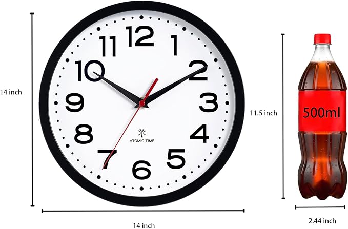 Roymnie 14 Inch Atomic Wall Clock, Battery Operated Silent Non Ticking | Black analog wall clock; bold numerals for easy reading; silent non-ticking; 1 AA battery (not included); for classroom