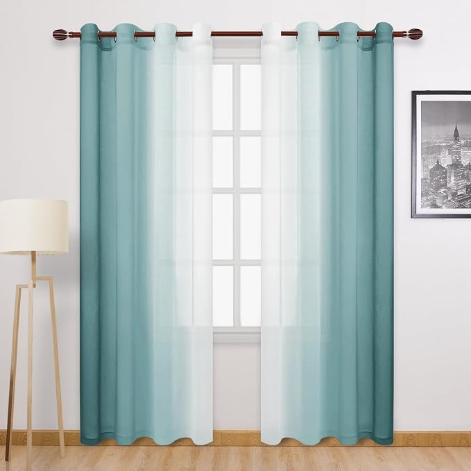 DWCN Ombre Faux Linen Extra Long Sheer Curtains - Semi Voile Gradient Grommet Top Curtains for Bedroom and Living Room, 52 x 102 Inches Long, Set of 2 Window Curtain Panels, Peacock Blue