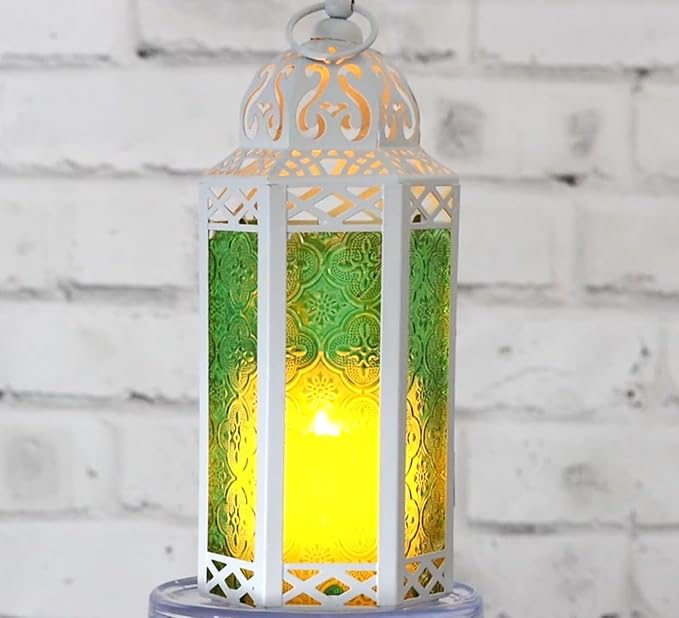 VELA LANTERNS 10.5" White Moroccan Lamp Lantern Decorative Candle Holder for Ramadan Decorations, Indoor Home Decor, Outdoor Patio or Porch, Weddings, Green Glass, Medium