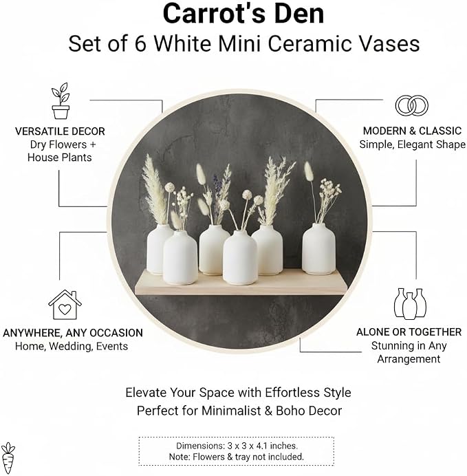 Carrot's Den Small White Ceramic Bud Vase Set of 6, Flower Centerpieces | Mini stoneware profile, sealed to hold water. Six matching pieces line up along a dining table, mantel, or open shelves.