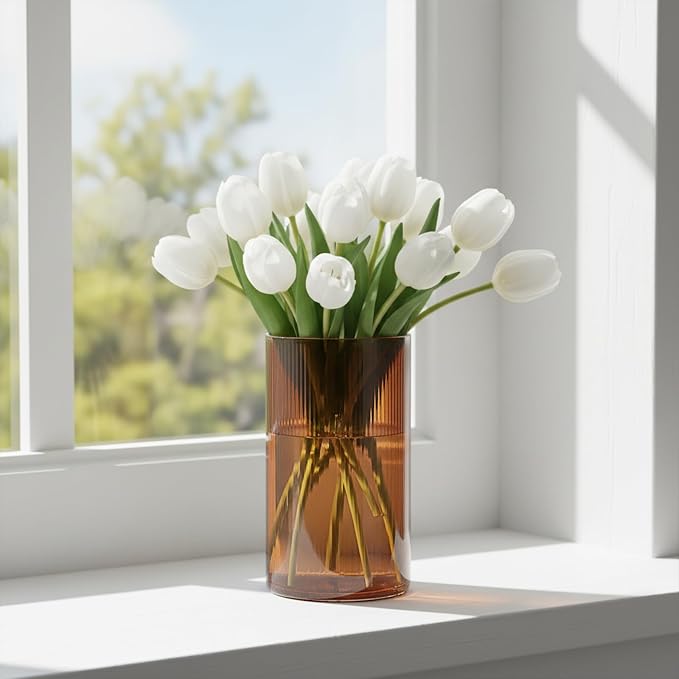 Amber Glass Cylinder Vases for Centerpieces - 6 Inch Tall Flower Vases for Wedding & Fall Decor, Floating Candle Holders for Table Centerpieces, Set of 6 Pcs