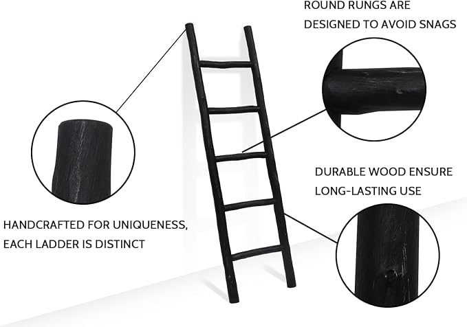 FUIN Blanket Ladder, 57in Rustic Wood Decor Rack, Fully Assembled, Black | Farmhouse living room accent, Layered blanket towel quilt display, Visible wood grain, Bathroom and Bedroom use