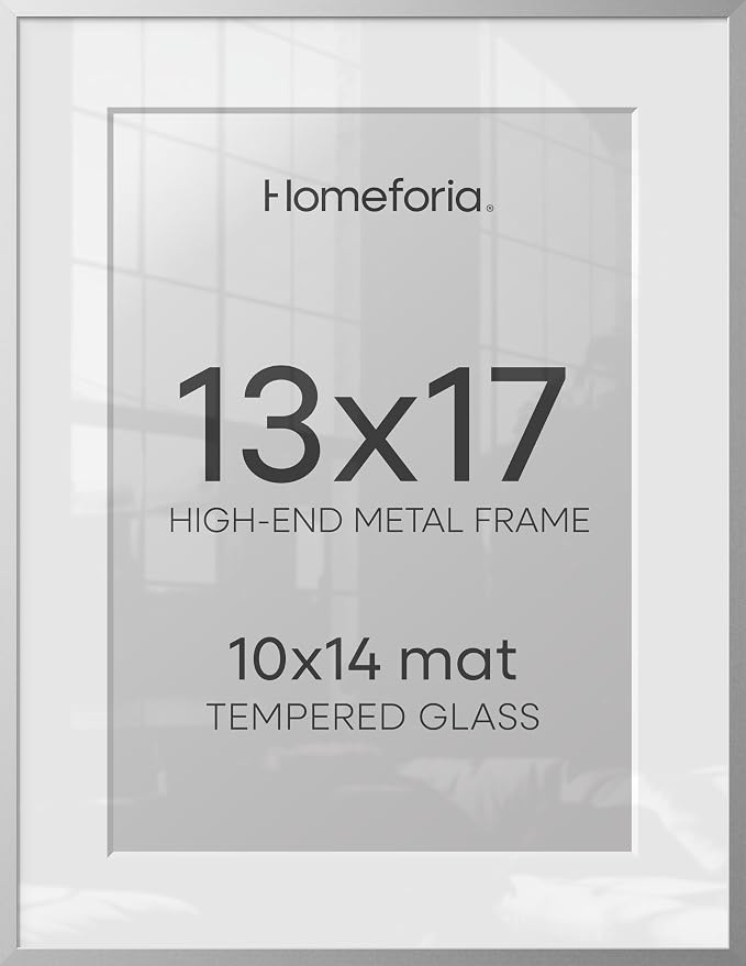 Homeforia 13x17 Silver Picture Frame, High-End Metal, 10x14 Mat, Glass