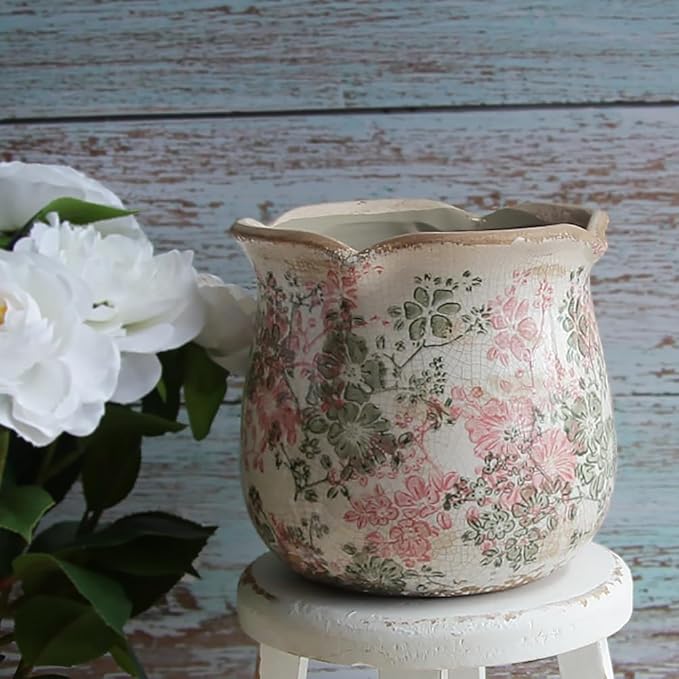 Ceramic Pots for Plants, Pink Colorful Vintage Plant Pot with Drainage Hole | 6.11 Inch Crackle Glaze Planter for Indoor/Outdoor Plants, English Cottage Shabby Chic Home Decor, Pastel Meadow