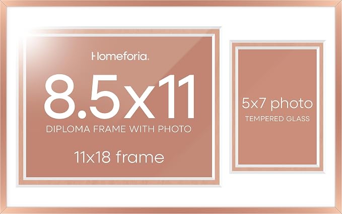 Homeforia 11x18 Rose Diploma Frame, High-End Metal, 8.5x11 & 5x7 Mat