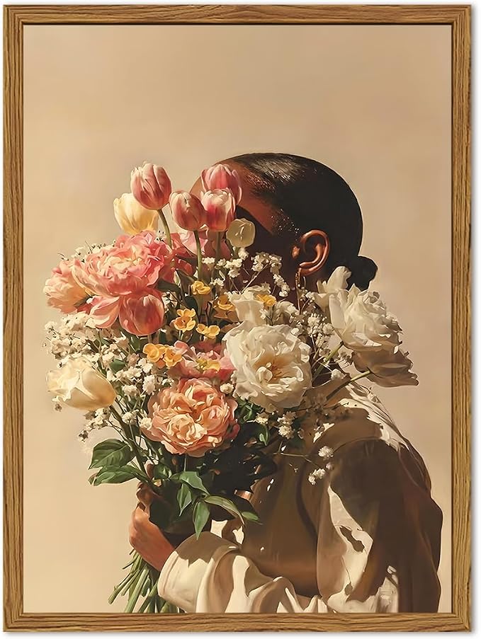 Framed Black Girl Floral Wall Art, Moody African American Holding Flower Pictures Wall Decor, Trendy Romantic Black Woman Paintings Canvas Prints Aesthetic for Living Room Bedroom 16x24 inch