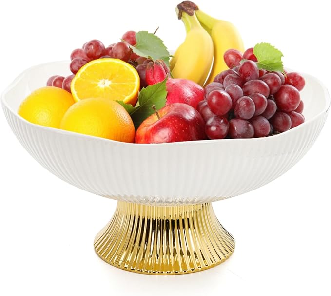 ZAVOOS Ceramic Fruit Bowl with Golden Feet, 10 Inch