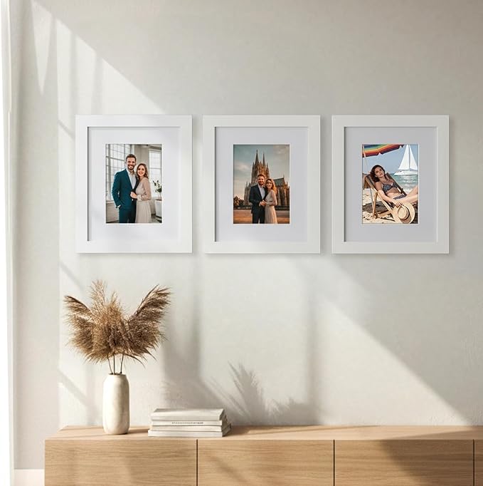 Boarding 8x10 Picture Frame-White,5x7 Mat,Tempered Glass,Engineered Wood