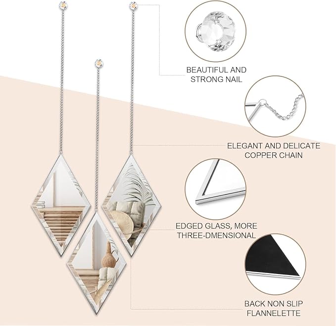 yshengood Diamond Wall Mirror Set of 6 Pcs, Silver Wall Decor Mirrors Small Glass Decor Wall Mirrors for Living Room and Bedroom Decoration