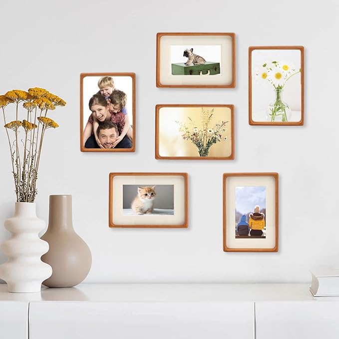 6x8 Picture Frame with 4x6 Mat - Solid Teak Wood Farmhouse Frame, Wall & Tabletop Display for Gallery Wall & Vintage Decor (6x8,Teak)