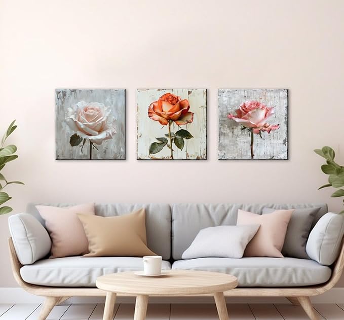 NAN Wind 3Pcs Rose with Distressed Wood Background Framed Canvas Art Vintage Floral Botanical Print Shabby Chic Flower Painting for Home Decor Ready to Hang Wall Art for Living Room Bedroom Kitchen