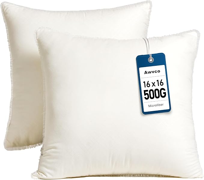 16 x 16 Throw Pillow Inserts | Soft and Plush, Virgin Fiber Filling, Decorative Pillows for Couch Sofa Bed, Machine Washable - White, Pack of 2