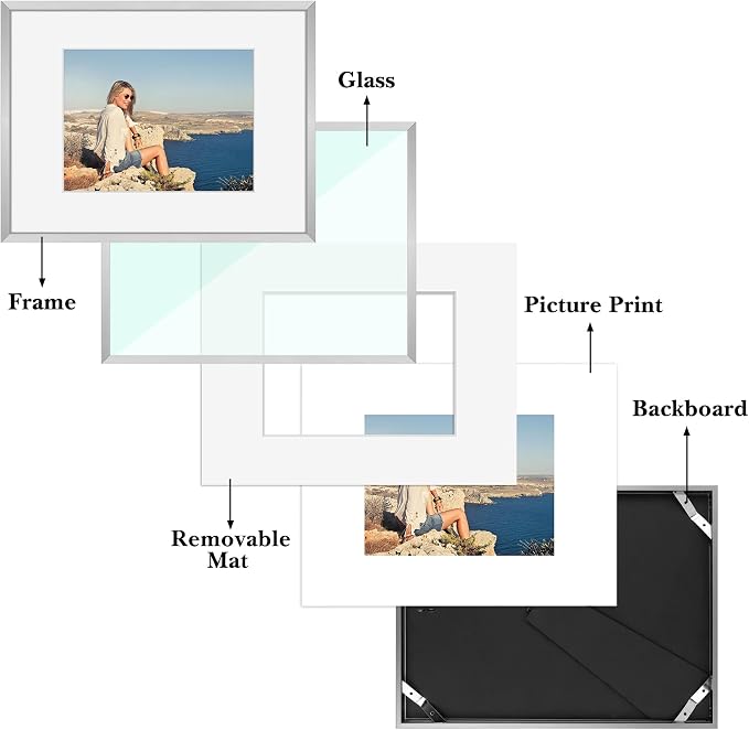 Frametory 12 Pack 9x12 Aluminum Frame with Mat for 6x8 Photo, Silver