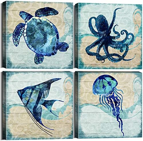 Boho Beach Bathroom Decor Navy Blue Fish Sea Turtle Jellyfish Octopus Canvas Wall Art Ocean Picture Nursery Kids Under the Sea Animal Painting for Living Room Bedroom Office Home Decorations 12x12" 4P