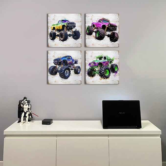 Monster Truck Canvas Wall Art for Boys Room Decor Vintage Car Posters Kids Wall Art, Watercolor Trucks Poster for Boy Bedroom Playroom Vehicle Wall Decor Nursery Paintings Home Decoration 12×12" 4 Pcs