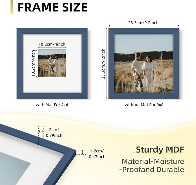 YESKAY 8x8 Picture Frame Set of 9, Photo Gallery Wall Frame Set, Display Pictures 4x4 with Mat or 8 x 8 Without Mat, Square Frame Picture Frames Collage Wall Decor, Blue