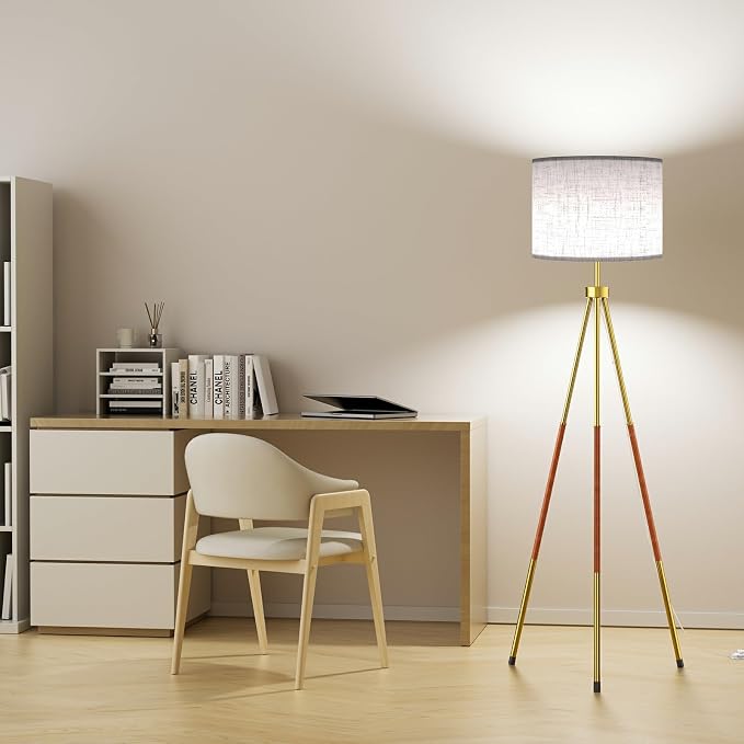 SIBRILLE Mid Century Wood Tripod Floor Lamp with Remote & Foot Switch