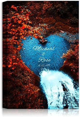Water Fall or Anniversary Canvas Prints Artwork with Couple's Names in Water Heart,Perfect Love Gift for Newlyweds 18x12 inches