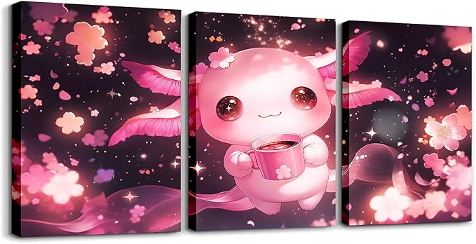 Feelyou Boys Girls Cute Axolotl Picture Wall Decor Kawaii Animal Wall Painting Posters and Prints Glitter Canvas Wall Art for Living Room Bedroom Kids Cherry Blossoms Bathroom Wall Art 12"x16"x 3Pcs