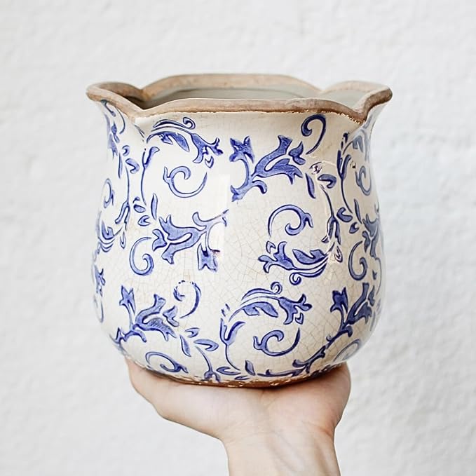 Retro Distressed Ceramic Pots, Antique Crackle Glaze Planters w/ Drainage | Blue and White Chinoiserie Pottery Vase for Indoor Outdoor Plants, Living Room Balcony Office Decor, Gardening Gifts