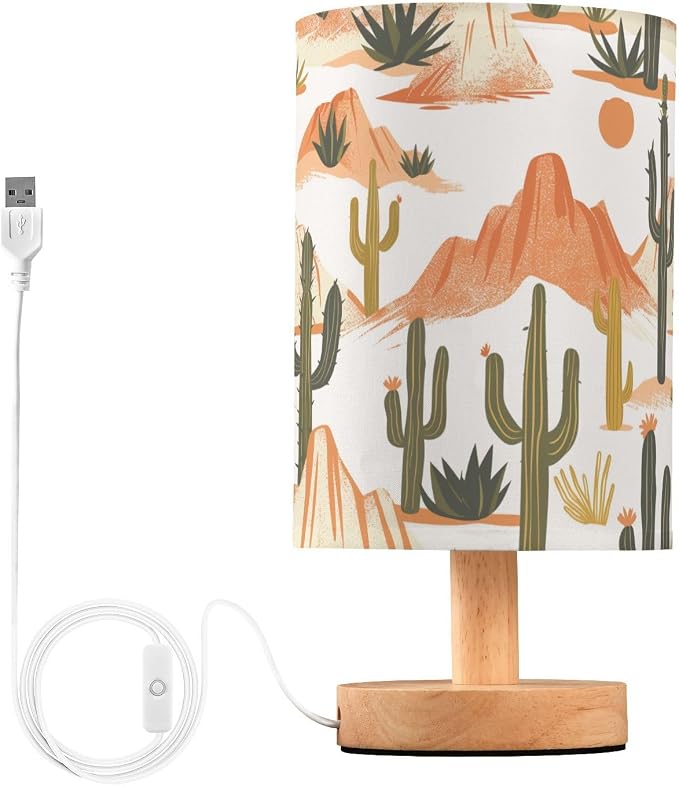 Bedside Table Lamp Western Desert Cactus Mountains Nightstand Lamp with Wood Desk Lamps for Bedroom Living Room Nursery Office Home Decor