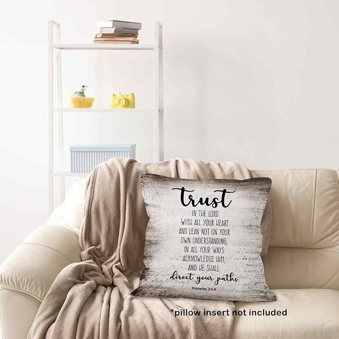 Vintage Christian Bible Verse Trust in the Lord Throw Pillow Covers 18x18, Rustic Scripture Proverbs Decor Pillow Cases for Bedroom Living Room, Religious Pillowcases for Couch Bed Sofa