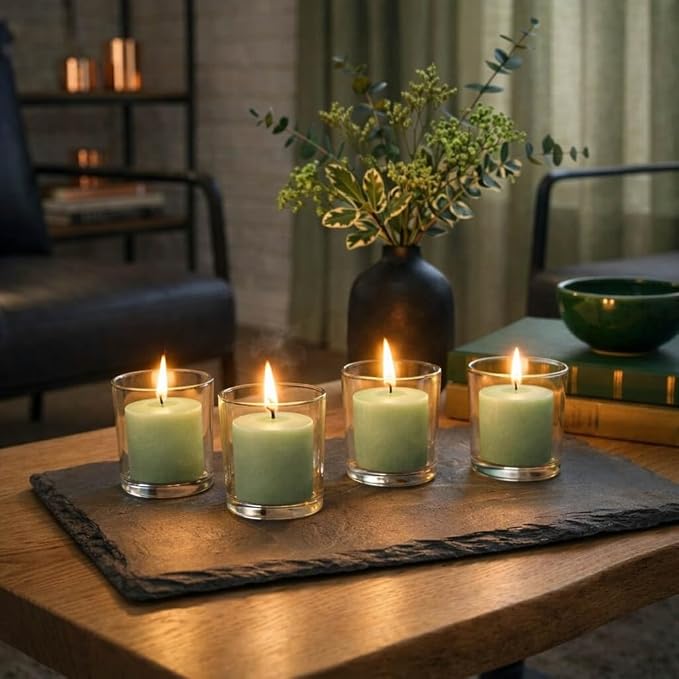 Set of 12 Green Vanilla Lime Scented Richland Votive Candles and 12 Clear Glass Eastland Votive Holders