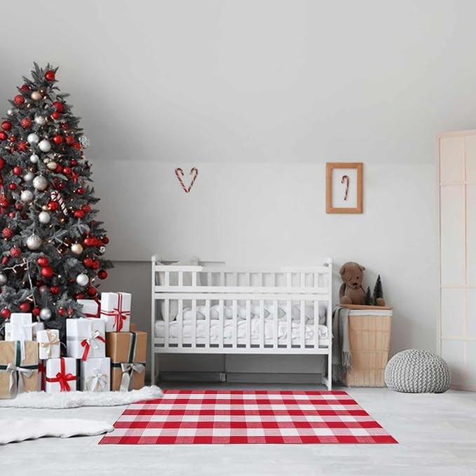 Christmas Buffalo Plaid Rug 3 x 5 Ft, Red White Indoor Outdoor Rug | Cotton Blend, Hand-Woven Look, Machine Washable, Layering Rug, Porch Entryway Decor
