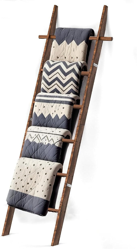 Farmhouse Wooden Blanket Ladder with Removable Hooks Brown 6-Tier | Rustic Blanket Rack Decorative Stand, Leaning Towel Quilt Rack Holder for Bathroom Living Room Decor
