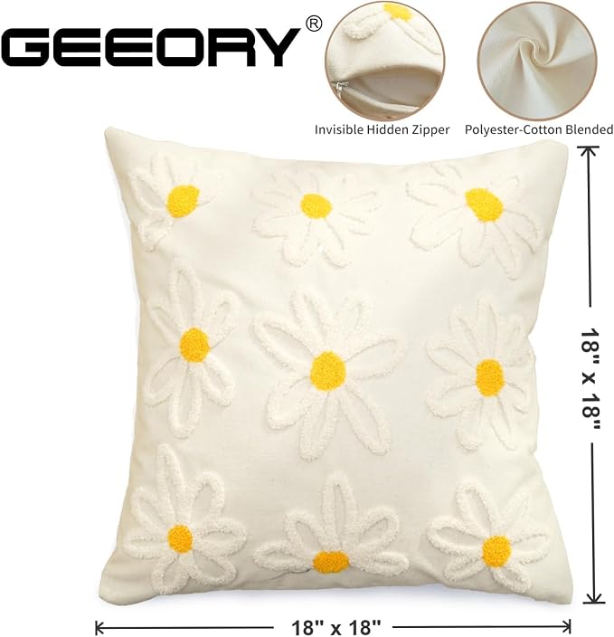 GEEORY 2-Pack 18x18 Inch Spring Summer Daisy Embroidered Canvas Throw Pillow Covers, Farmhouse Cotton Cushion Cases for Sofa Bed Living Room Home Decor