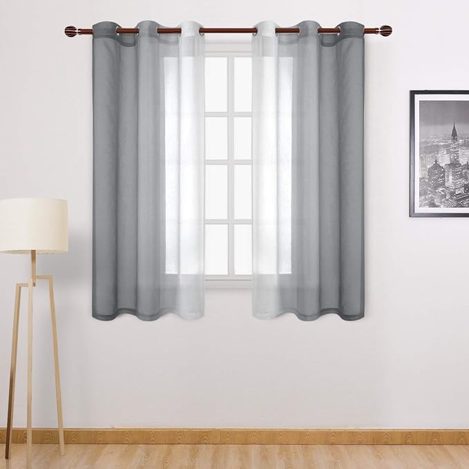 DWCN Grey Ombre Sheer Curtains - Faux Linen Semi Voile Gradient Bedroom and Living Room Curtains, Set of 2 Grommet Top Window Drape Panels, 42 x 54 Inch Length