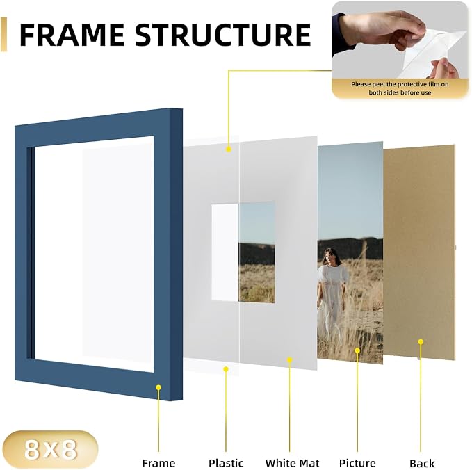 YESKAY 8x8 Picture Frame Set of 9, Photo Gallery Wall Frame Set, Display Pictures 4x4 with Mat or 8 x 8 Without Mat, Square Frame Picture Frames Collage Wall Decor, Blue
