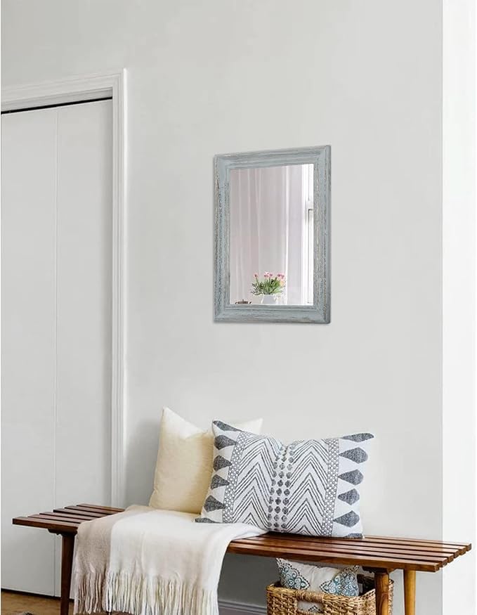 Wooden Mirror Rectangle Rustic Hanging Mirror Farmhouse Modern Bathroom Bedroom Wall Mirror Decor Grey Retro Grey 16inchx12inch