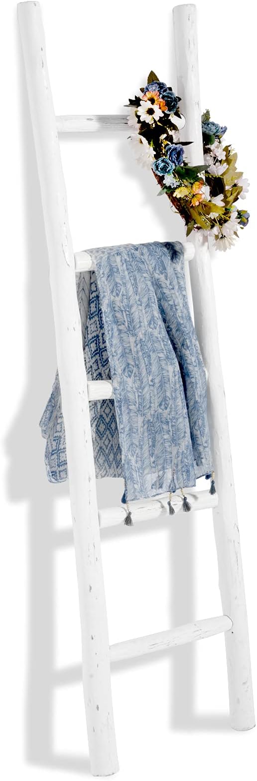 FUIN Blanket Ladder, 57in Rustic Wood Decor Rack, Fully Assembled, White | Farmhouse living room accent, Layered blanket towel quilt display, Visible wood grain, Bathroom and Bedroom use
