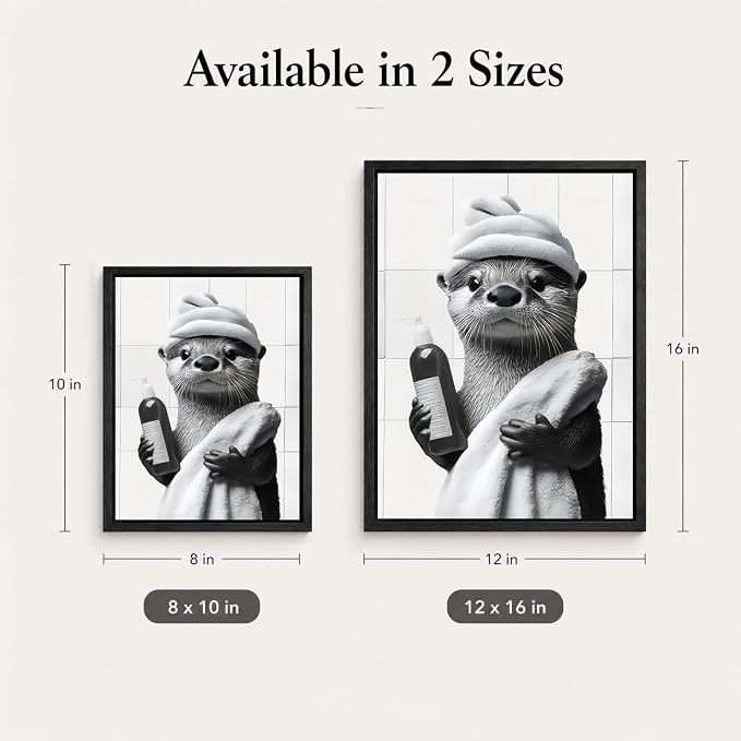 Framed Funny Bathroom Otter Canvas Wall Art Cute Otter Painting Picture Wall Decor Black and White Bathroom Animal Poster Print Artwork for Toilet Restroom Home Decoration 8x10in
