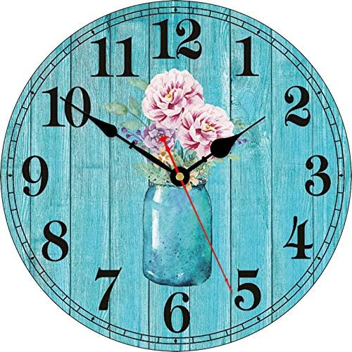 TAHEAT 12 Inch Teal Flowers Wall Clock, Wood Vintage Floral Clocks, Decorative Battery Operated Wall Clocks for Kitchen Living Room Bedroom Bathroom Office