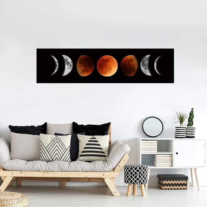 Moon Phase Wall Art, Black and Tawny Abstract Canvas Painting 47"x12" | Unframed canvas, ready to hang. Warm black & tawny moon phase art. Ideal for living room, bedroom, home office