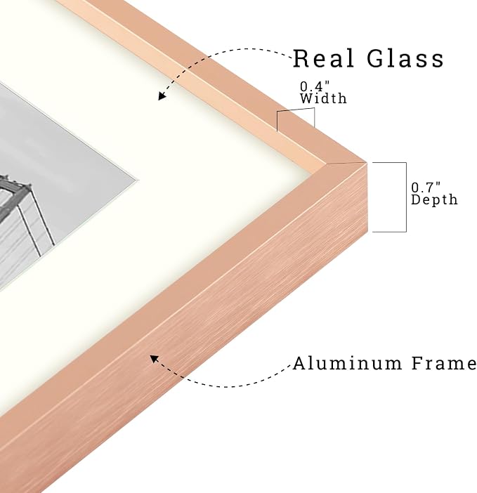 Frametory 16x20 Rose Gold Aluminum Metal Picture Frame Mat for 11x14 Glass