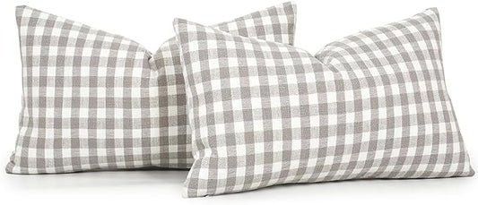 CARRIE HOME Buffalo Plaid Lumbar Pillow Covers 12x20 Set of 2, Light Grey and White Gingham Check Lumbar Pillows, Outdoor Farmhouse Checkered Pillow Covers for Patio Furniture (No Pillow Inserts)
