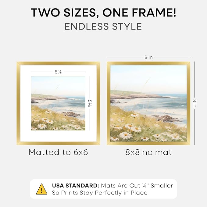 Homeforia 8x8 Gold Picture Frame, High-End Metal, 6x6 Mat, Glass