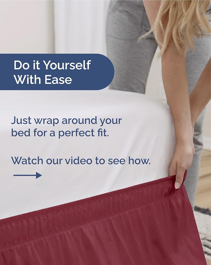 Wrap Around Dust Ruffle Bed Skirt - College Dorm Room - Twin/Twin XL | Burgundy, 12 Inch Drop, Elastic Strap & Adjustable Pleated Bedskirt, Wrinkle Free, for Women, Men, Students, Kids & Teens