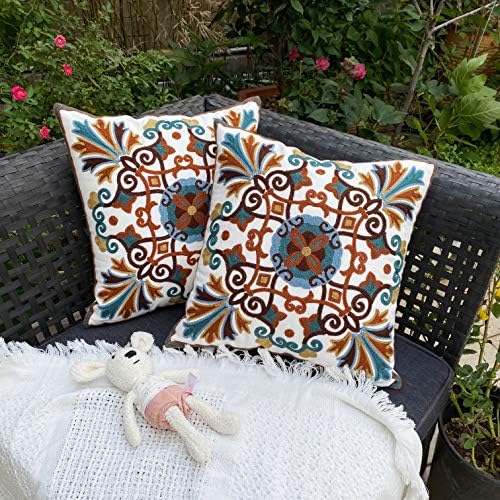 Boho Throw Pillow Covers 18x18 Summer Decor Pillowcases Modern Embroidered Cushion for Outdoor Couch Sofa Living Room Farmhouse Picnic 2 Pcs