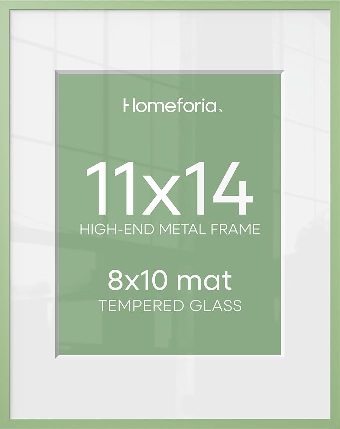 Homeforia 11x14 Green Picture Frame, High-End Metal, 8x10 Mat, Glass
