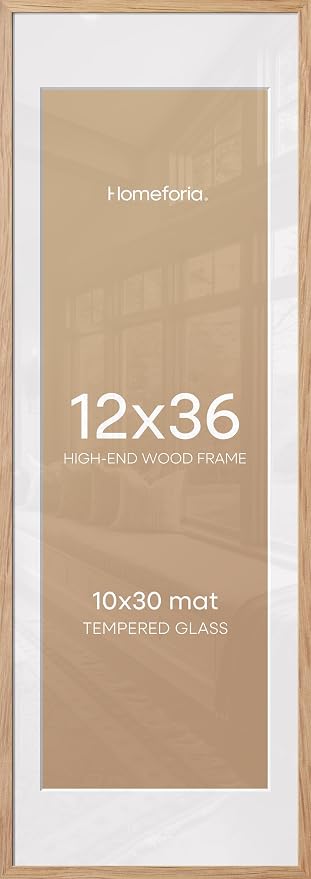 Homeforia 12x36 Natural Oak Picture Frame, High-End Wood, 10x30 Mat, Glass