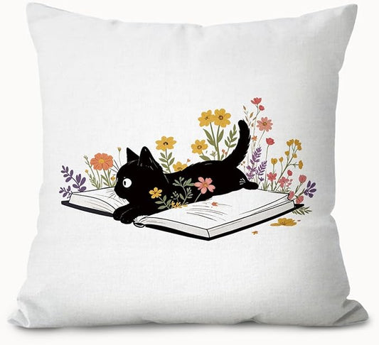 Vintage Black Cat Book Floral Pillow Covers 18x18, Black Cat Gift for Women, Book Lovers Reader Gifts Decorative Throw Pillow Covers Pillowcases for Library Reading Room Home Decor