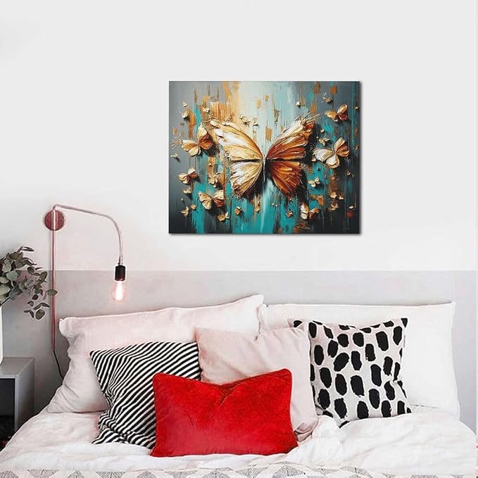 Crekviy Golden Butterfly Wall Art Vintage Butterfly Pictures Wall Decor Canvas Prints Painting Artwork Decoration Girls Gifts for Bathroom Bedroom Living Room Ready to Hang Framed 16"x20"