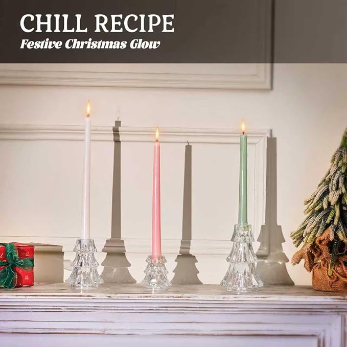 CHILL RECIPE Christmas Tree Candle Holders Xmas Glass Taper Candlestick Holders Thickened with Rubber Candle Grippers for Decoration Table Centerpiece Dinner Party Home Decor(Sparkly Clear 3Pcs &Box)